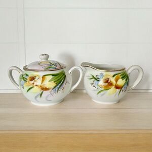 Antique Nippon Hand Painted Yellow Daffodil Creamer Lidded Sugar Set